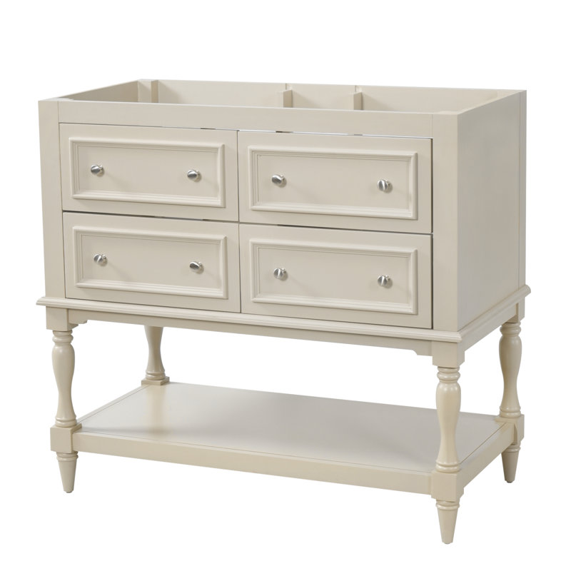 Armoire de salle de bain 36 po, ensemble de meuble-lavabo autoportant avec 4 tiroirs, structure en bois massif, Beige