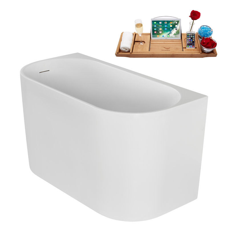 Baignoire autoportante en acrylique 47 ", plateau en bambou, drain Streamline, Bronze brossé