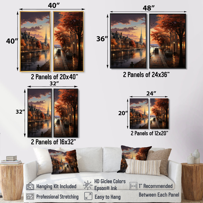 Étang à Boston souvenirs - art mural orange sur toile 2 panneaux, H 32 po x l 32 po, Toile tendue, Ne s’applique pas