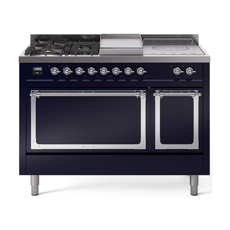 ILVE Nostalgie II Noblesse 48 in Dual Fuel Range, 5 Burner, Griddle, Frenchtop, Liquid Propane, Midnight Blue/Chrome