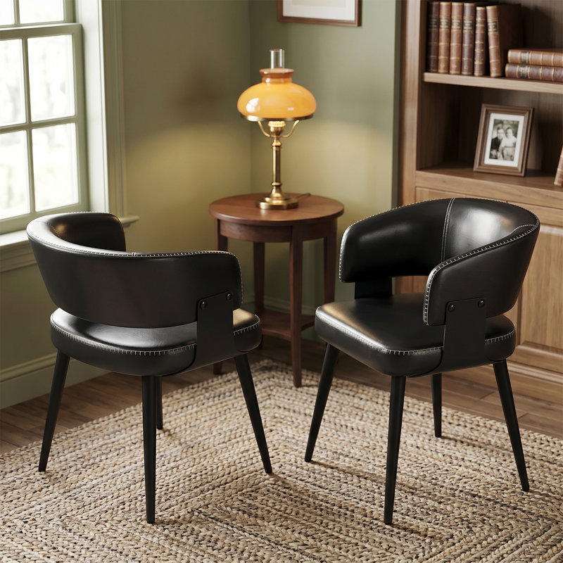 Mid-Century Modern Dining Chairs, Faux Leather Upholstered with Arms, Water-Resistant and Metal Legs, 2, Medieval Black