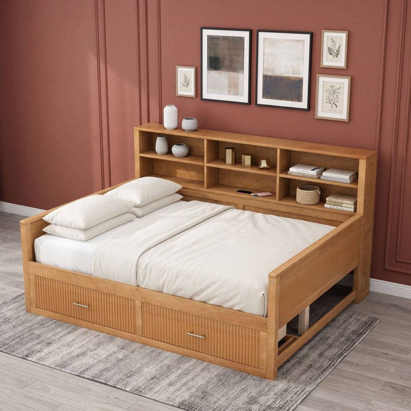 Lit de jour en bois avec 2 tiroirs, tablettes de rangement et station de recharge, Full, Walnut