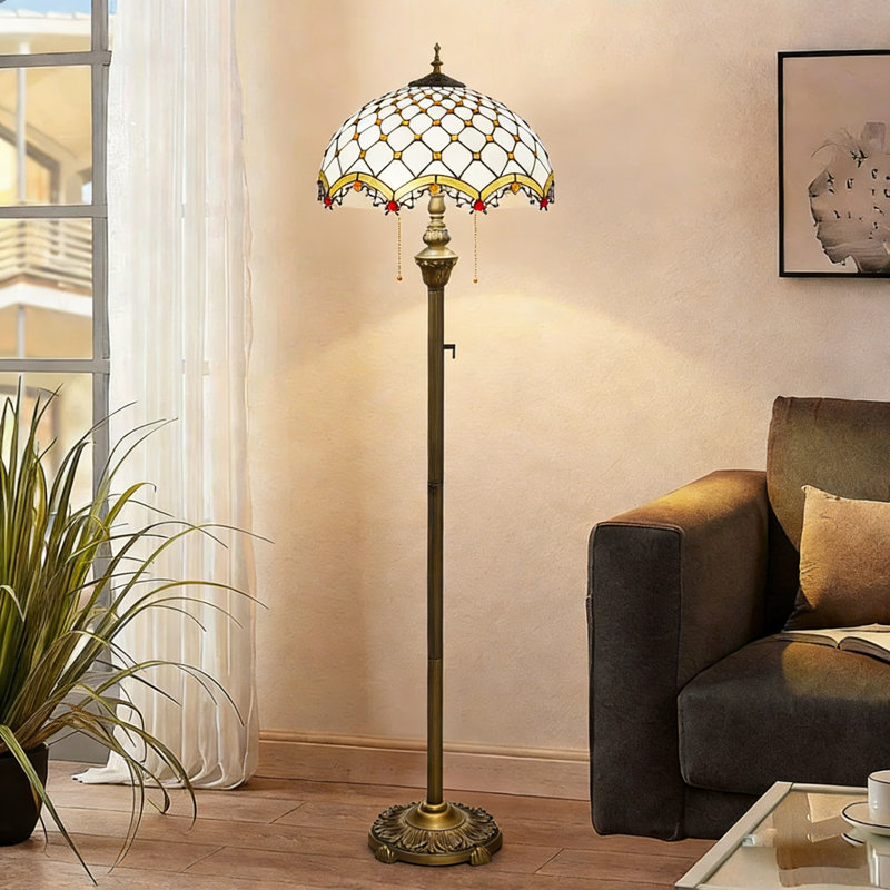 64"H Tiffany Style Floor Lamp with Stained Glass Shade and Resin Base, Brown Cross Beads