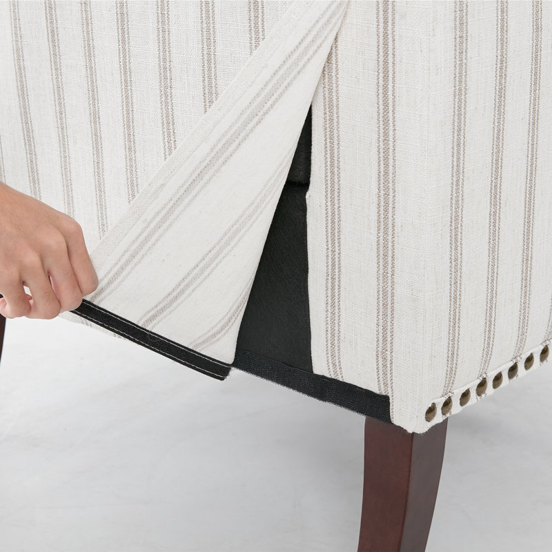 Iliana Upholstered Pinstripe Light Brown Cotton Blend Armchair with Solid Wood Legs and Nailhead Trim