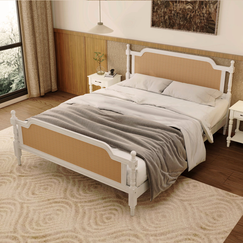 Structure de lit en rotin de style traditionnel pour grand lit, aucun sommier nécessaire, Blanc, Grand lit