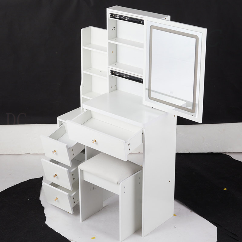 Petite coiffeuse avec miroir de chevet gauche 29,2 po et tabouret rembourré à DEL avec grand chevet, commande tactile, interrupteur 3 couleurs, miroir à réglage de la luminosité, rangement grande capacité, certificat EPA, GCC, UL