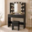 Ensemble de coiffeuse avec miroir lumineux et 6 tablettes ouvertes, 2 tiroirs et tabouret de rangement-169538503