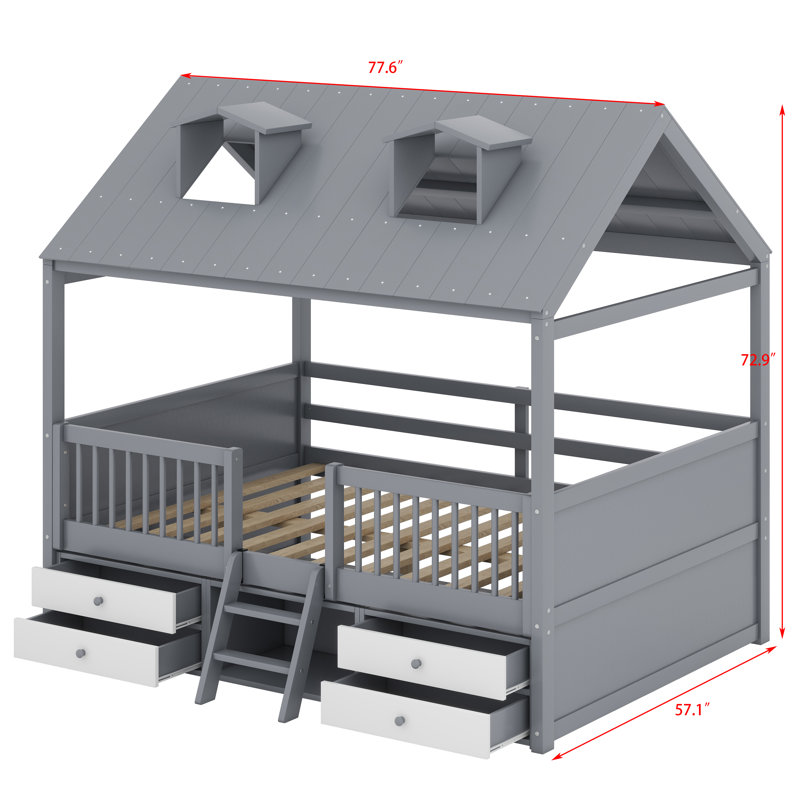 Structure de lit maison avec clôture sur toute la longueur, toit, échelle et 4 tiroirs de rangement, Gris, Double