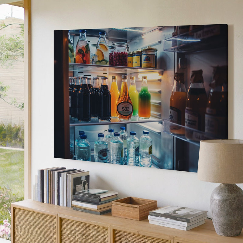 Reproduction d'art sur toile, "L'intérieur d'un réfrigérateur éclatant avec éclat" de boissons colorées, H 16 po x l 20 po