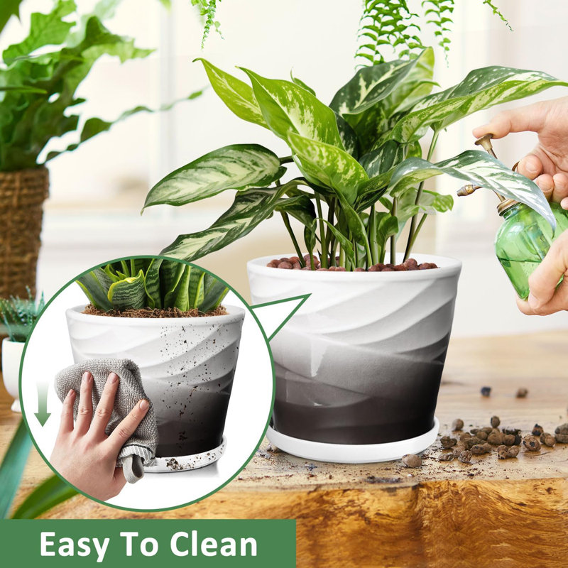 8" Modern Indoor Plant Pot In Dark Gray & White