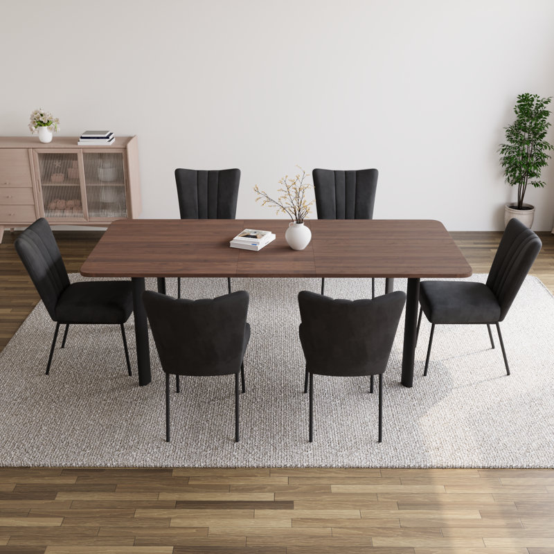 Modern Kitchen Dining Set, 63'' to 78.7'' Extendable Dining Table with 34.2"H Dining Chairs(Table 6Chairs), Black