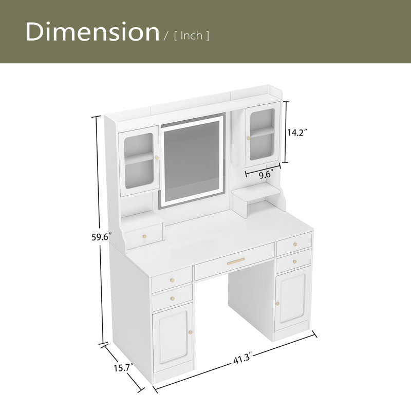 Grande coiffeuse avec miroir, 6 tiroirs et tablettes, bureau de commode