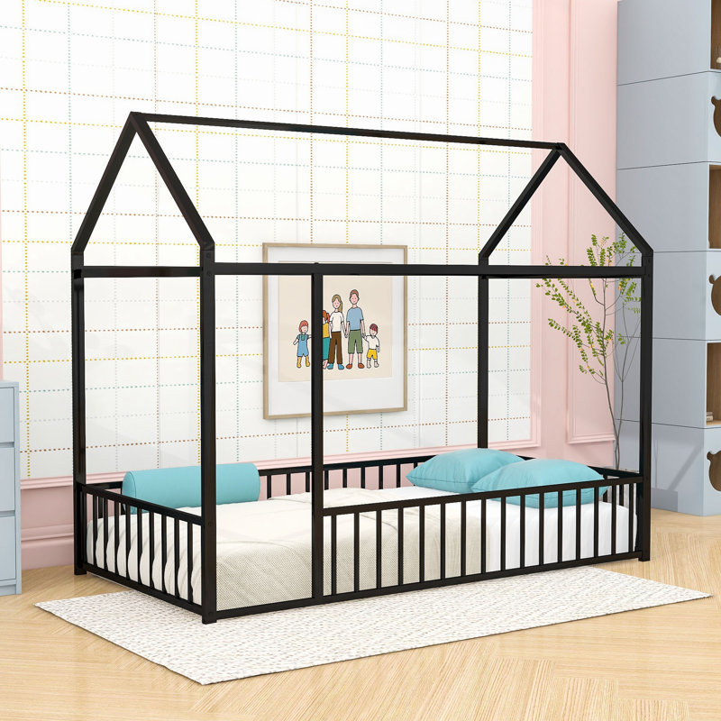 Twin Metal House Bed With Fence-Style Guardrails, Black