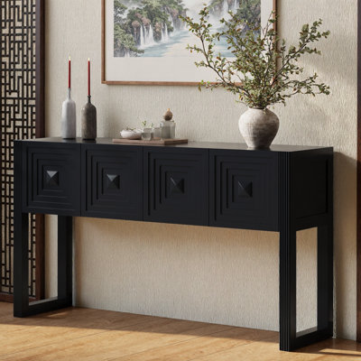 Geometric Carved Console Table – 3 Soft-Close Drawers, Fluted Leg Details, Square-Pyramid Pattern, Entryway Sofa Table for Living Room or Hallway