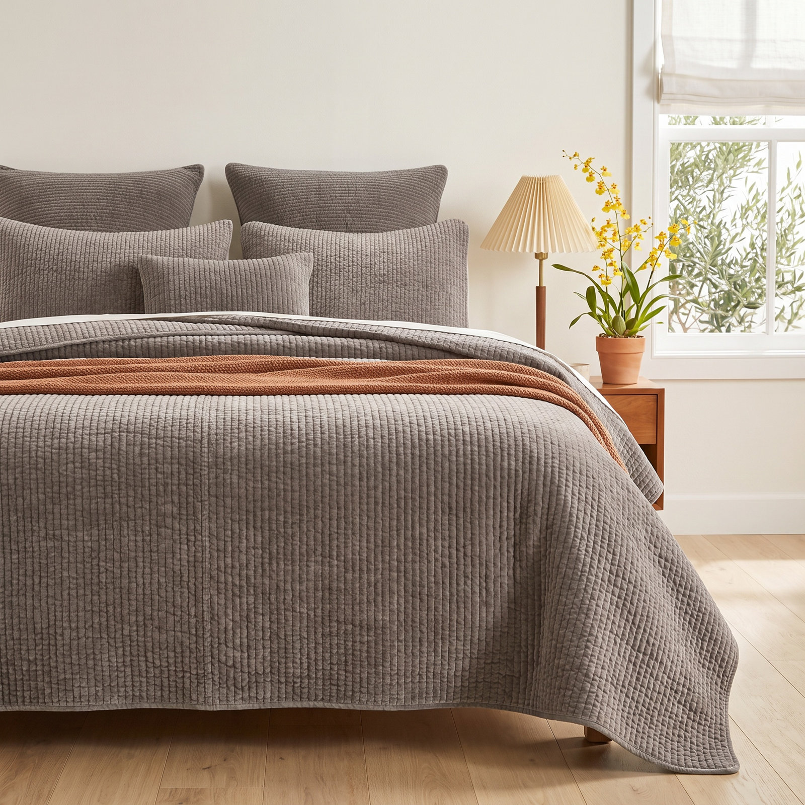 Stone Washed Cotton Velvet Quilt Set, King Quilt  + 2 King Shams, Taupe