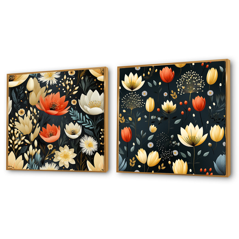 Adella - Ensemble de 2 collages floraux carrés, Cadre flottant doré, H 30 po x l 61 po