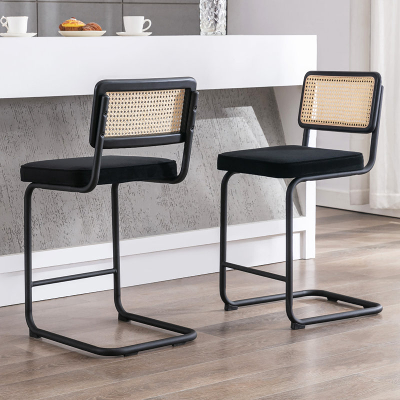 Crumley Upholstered 26" Velvet Counter Stool with Rattan Cane Back and Metal Frame, Black Velvet/ Black Frame, 2