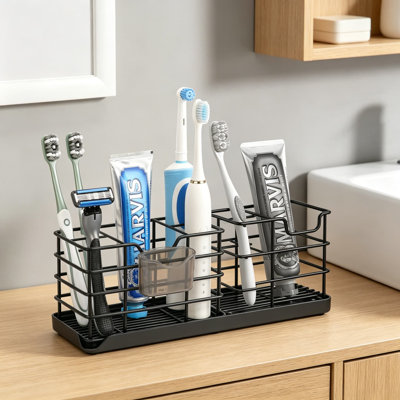 Porte-brosse à dents en acier inoxydable avec ramasse-gouttes amovible - Organisateur de salle de bain à fentes multiples pour brosses à dents électriques, dentifrice et articles essentiels