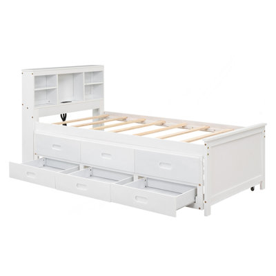 Lit plateforme simple avec tête de lit, USB, lit gigogne simple et 3 tiroirs, blanc