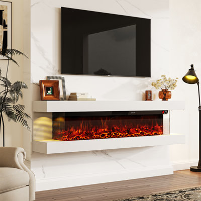Foyer électrique mural à 3 côtés avec manteau de cheminée flottant, 12 couleurs de flamme et éclairage ambiant à 12 couleurs DEL, chaleur réglable, télécommande et contrôle tactile, blanc