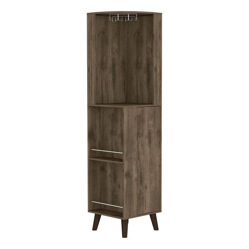Armoire de coin, support à tasses, deux tablettes extérieures, un tiroir, quatre pieds
