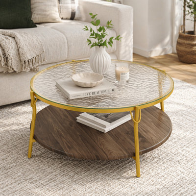 Table basse moderne à 2 niveaux en noyer avec plateau en verre et base dorée pour salon, 29,9 po