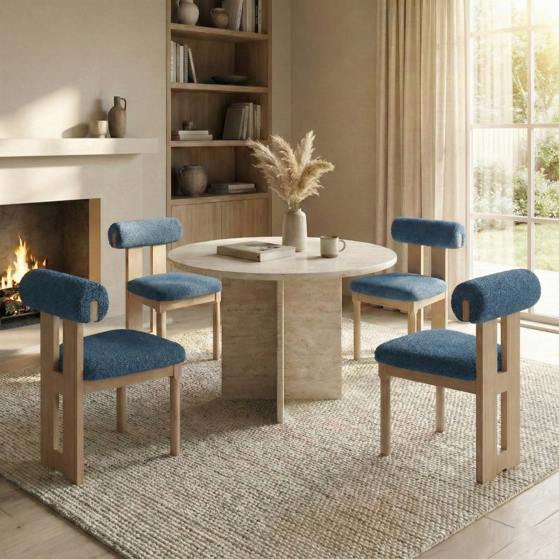 Abentego Solid Wood Fabric Dining Chair, 4, Navy
