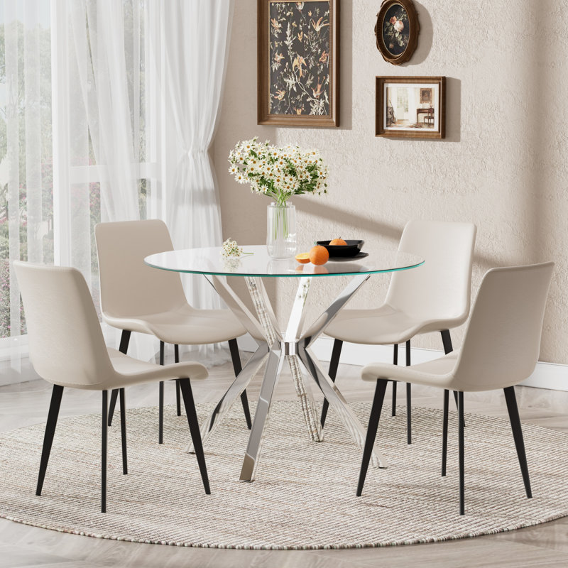 Ensemble de salle à manger Modern, Beige, 5 Pieces: Table, 4 Chairs, Silver