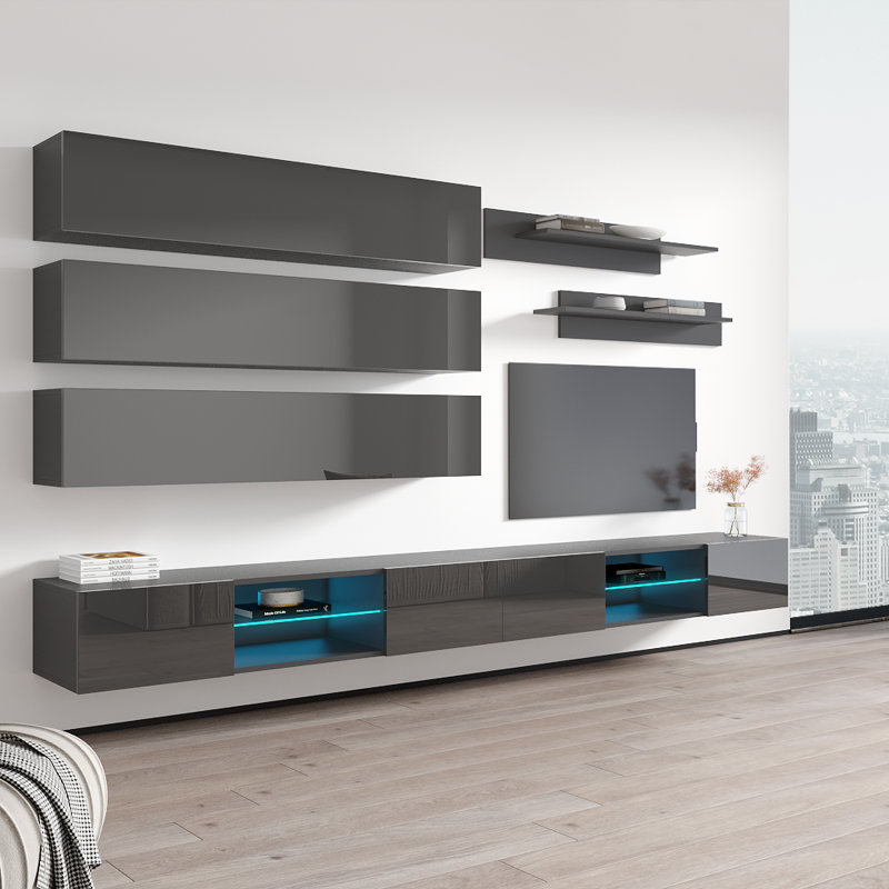 Meuble audio-vidéo mural flottant de 126 po avec éclairage à DEL 16 couleurs Leverette, Gris