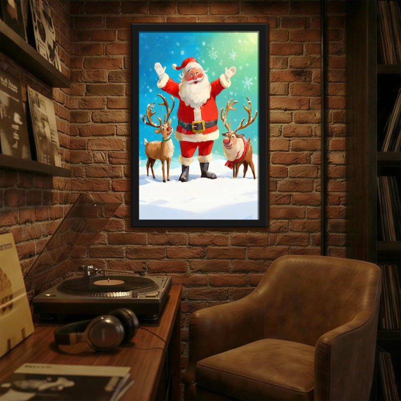 Père Noël avec des rennes dans une scène enneigée, H 18 po x l 12 po