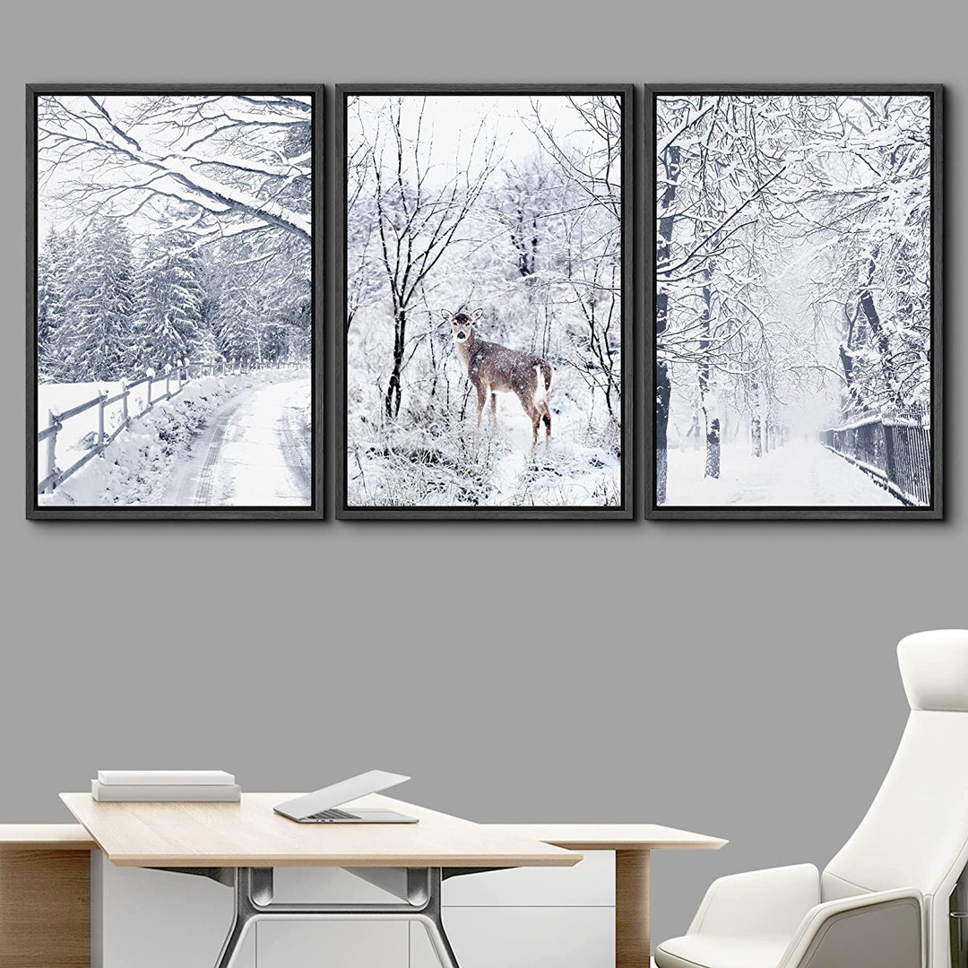 Winter " IDEA4WALL Framed Wall Art Print Set Winter Wonderland Snowy Deer Forest Nature Wilderness Photography Modern Decorative Multicolor Relax/Calm Boho For Living Room, Bedroom, Office " 3 - Pieces IDEA4WALL Frame 