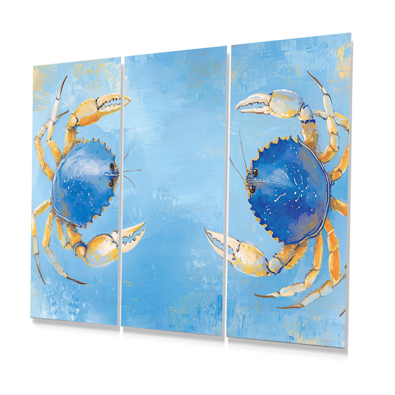 Bataille de crabe bleu à la plage - ensemble de salon d'art mural animaux, Métal métal, H 28 po x l 36 po x P 1 po