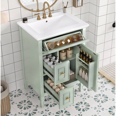 Meuble-lavabo vert 24 po avec lavabo en céramique, armoire en bois massif et panneau de fibres à densité moyenne, tiroir rabattable, 2 tiroirs et tablette réglable