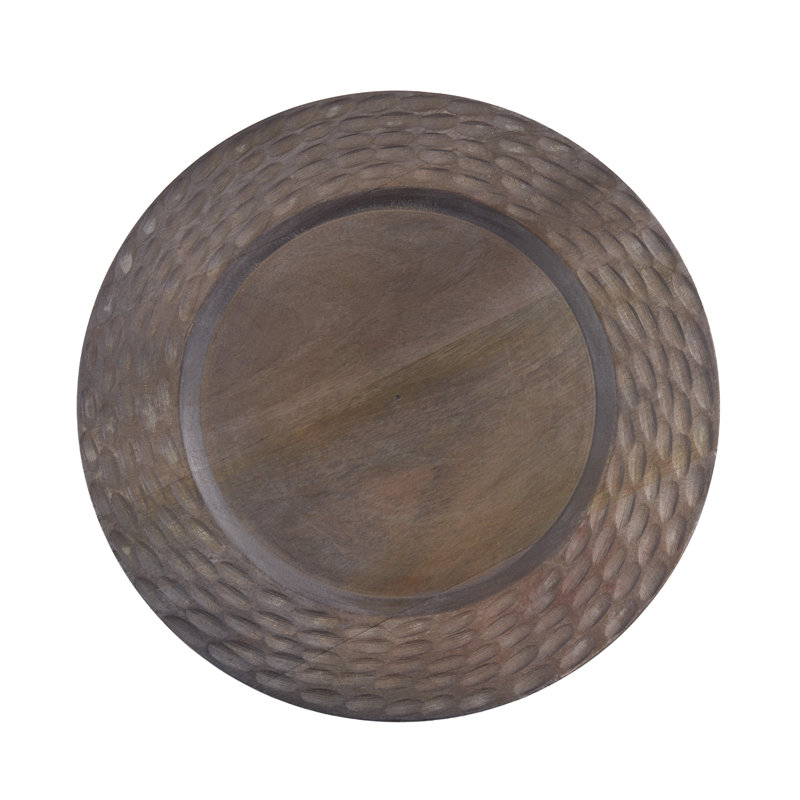 Assiettes décoratives texturées en bois de manguier texturé (ensemble de 4) - Chargeurs de table ronde rustique pour salle à manger et réception, 13 po