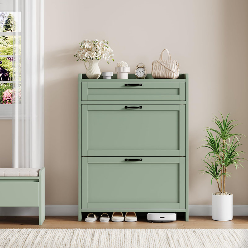 Shoe Cabinet with 2 Flip Drawers & Top Drawer, High-Gloss Hidden Entryway Shoe Storage Organizer, Green
