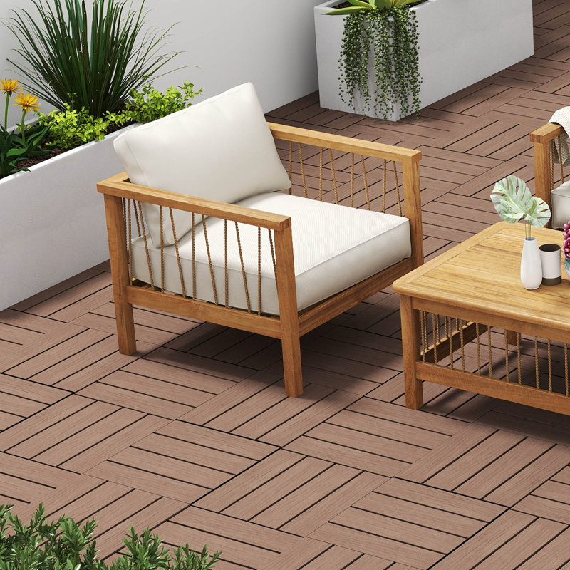 Carreaux de terrasse en plastique brun, revêtement de sol extérieur imperméable et emboîtable 12 po x 12 po pour balcon, porche, jardin et intérieur