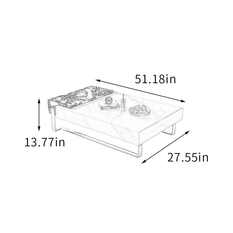 Table basse moderne avec pieds en métal, Blanc / noir / gris clair, H 13,77 po x L 51,18 po x l 27,55 po