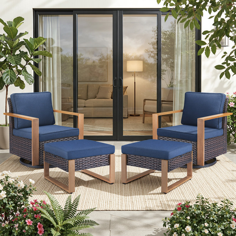 Ensemble de conversation d'extérieur 4 pièces avec chaises berçantes et repose-pieds en osier Twellwell, Bleu, Brun