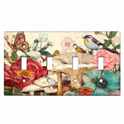 Metal Light Switch Plate Cover; US Standard Size 4 Gang Toggle - Botanical Folk Art