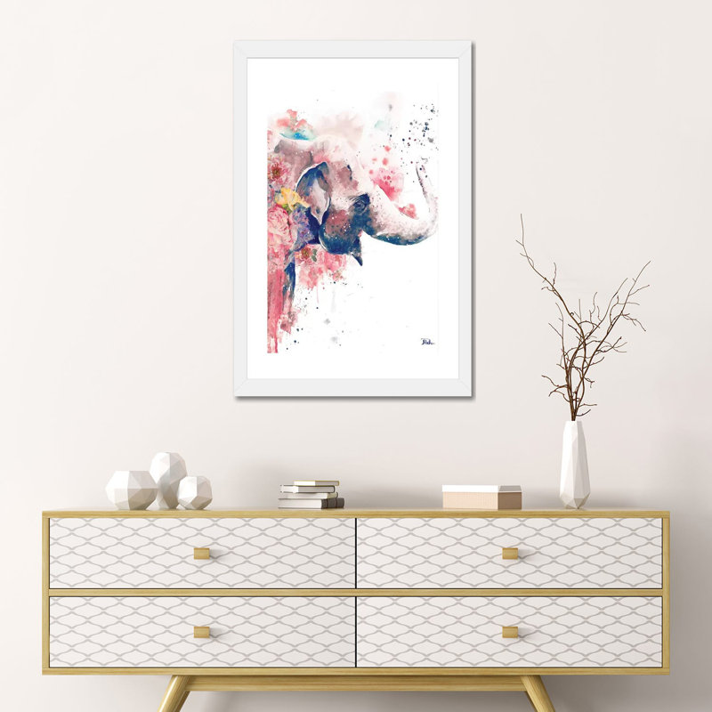 "Floral Water Elephant" par Patricia Pinto, reproduction d’art, Papier encadré blanc, Blanc, H 24 po x l 16 po x P 1 po