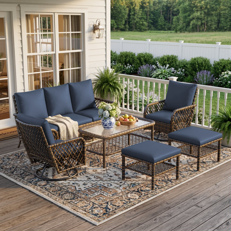 Outdoor Couch And High Back Swivel Rocker Patio Chairs With Ottoman, Dark Blue
