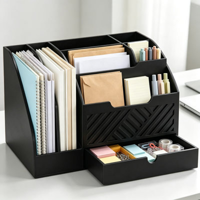 Wood Desktop Mail Organizer with Drawer, Fantasyon Mail Sorter Countertop for File Letter Paper Folder, Desk Organizer for Home Office