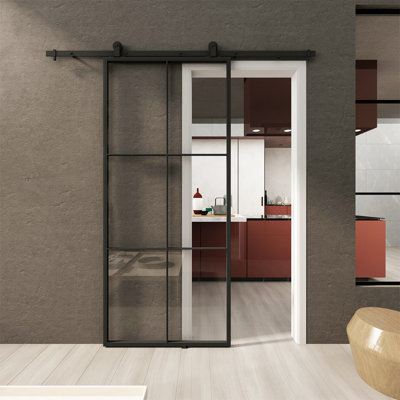 Metal and Glass Metro Barn Door with Installation Hardware Kit