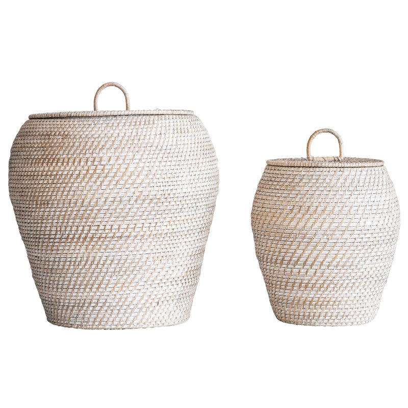 Decorative Hand-Woven Rattan Storage Baskets with Lids, White Washed