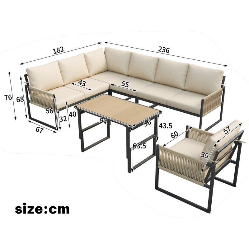 Beige 6-7 Seater Garden Furniture Set With Height Adjustable Rising Coffee Table, Corner Sofa With Polyester Rope