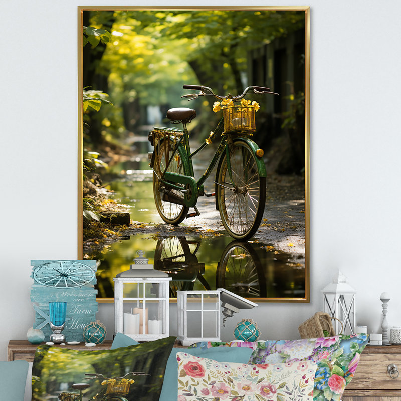 Vélo émeraude sur toile, Cadre flottant doré, H 32 po x l 24 po x P 1 po