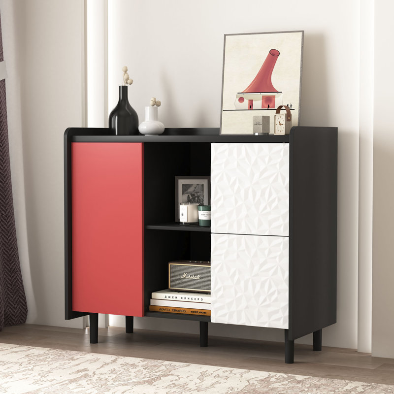 Buffet Buffet, armoire de rangement noire avec portes rouges, 2 tiroirs avec panneau unique et 2 compartiments de rangement ouverts, armoire de bar moderne pour la cuisine, la salle à manger,