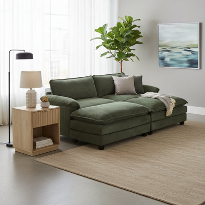 90'' Green Corduroy Loveseats With 2 Ottoman And 19'' Side Table