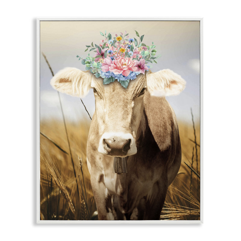 Vache bavarde avec fleurs, estampe numérique, conception par Marcus Prime, Giclée encadrée blanc bord de mer