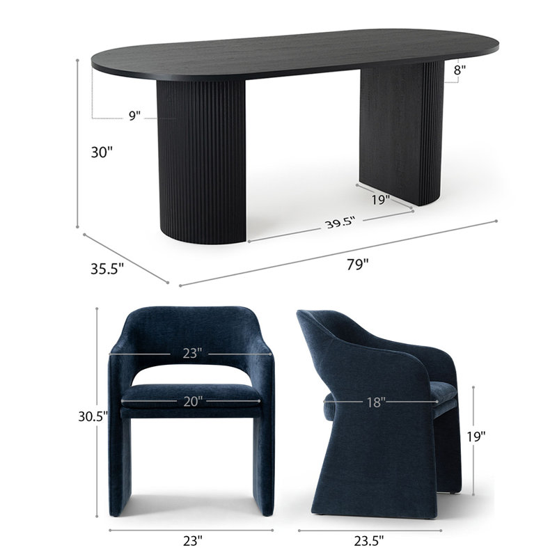 6 - Person Dining Table Sets With Oval Table & 6 Chenille Upholstered Armchairs, Blue